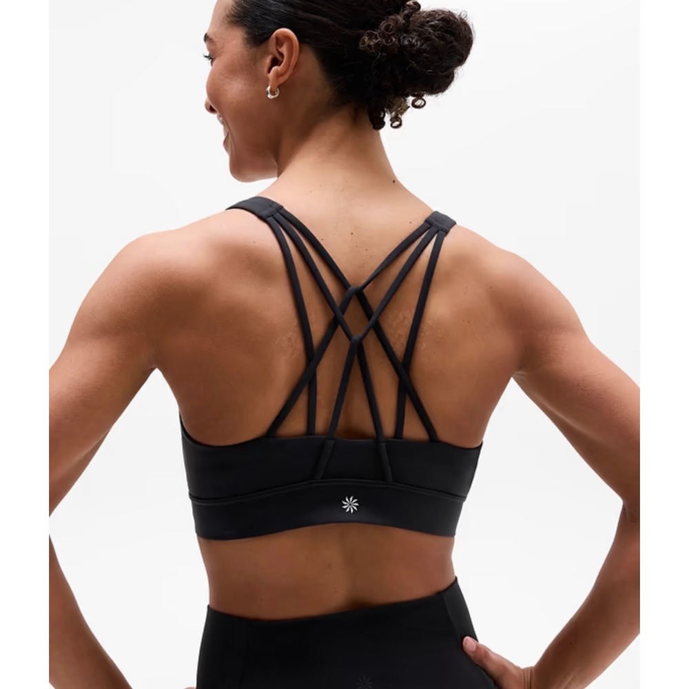 Athleta Perfect Form Sports Bra Womens S Black Strappy Cross Back Yoga Gym